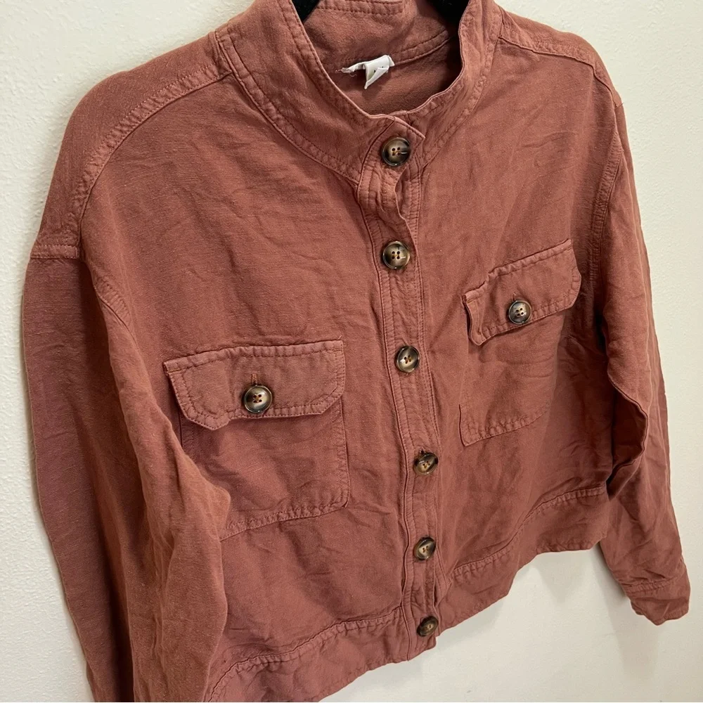 Tribal Jeans Terracotta Linen Blend Utility Jacket Cropped Mock Neck Rust Medium